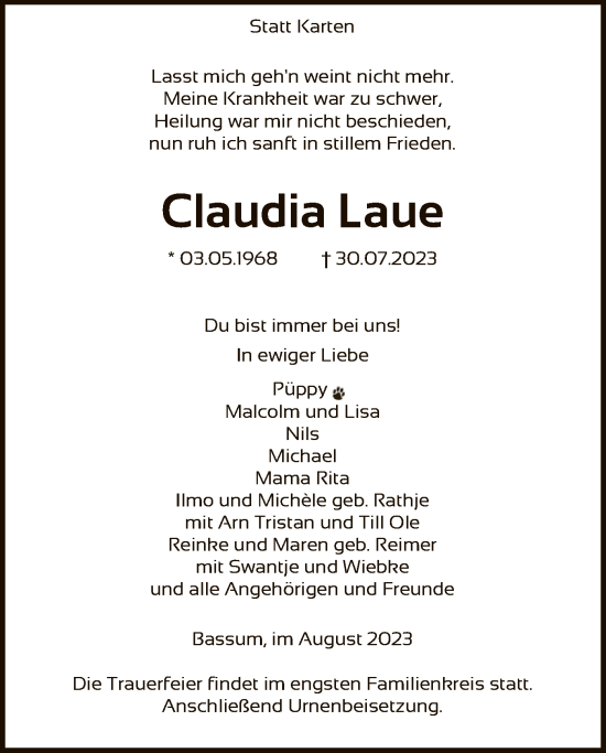 Traueranzeige von Claudia Laue von SYK