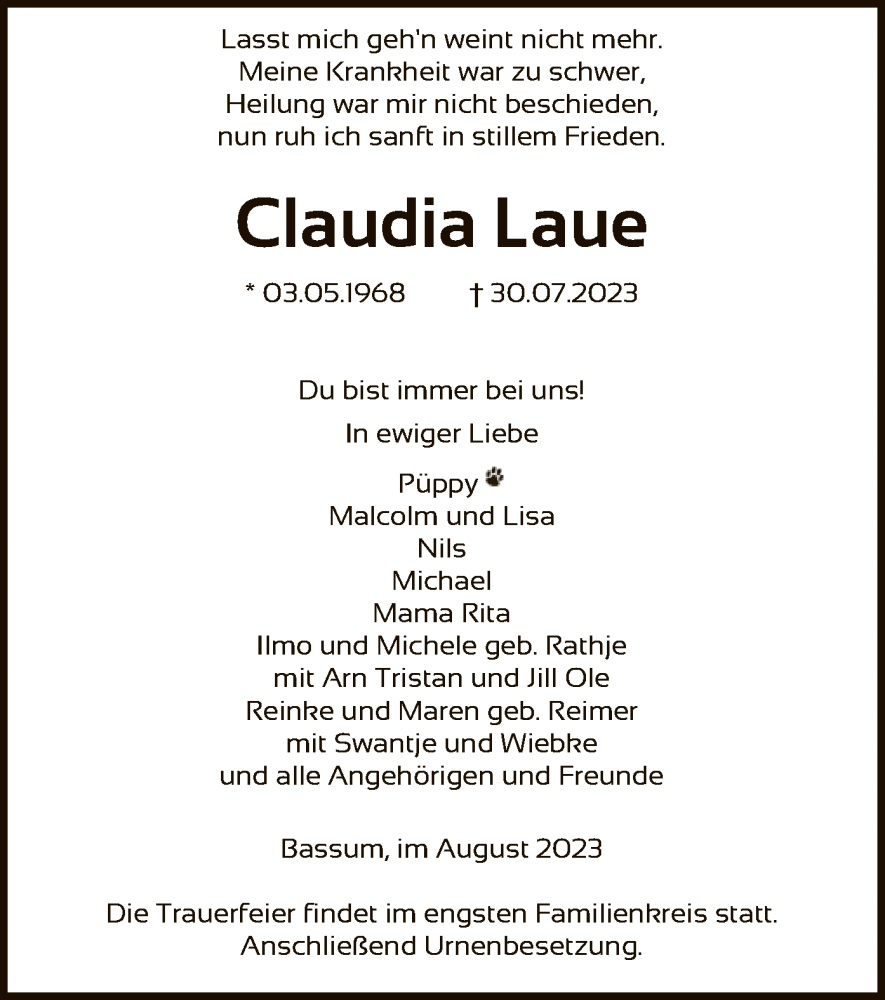  Traueranzeige für Claudia Laue vom 05.08.2023 aus SYK