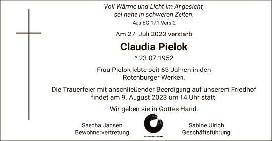 Traueranzeige von Claudia Pielok von SYK