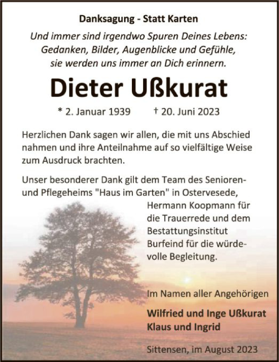 Traueranzeige von Dieter Ußkurat von SYK