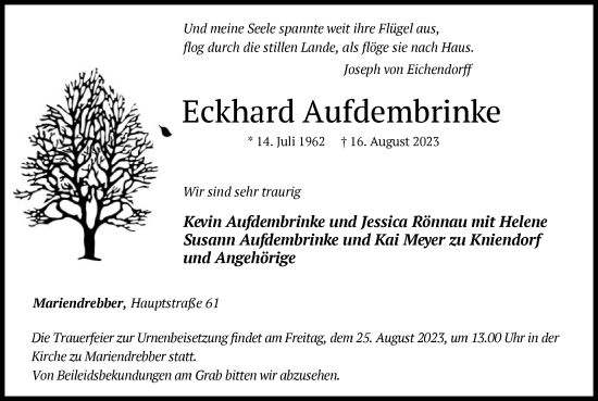 Traueranzeige von Eckhard Aufdembrinke von SYK