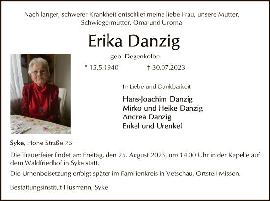 Traueranzeige von Erika Danzig von SYK