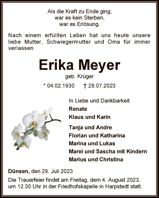 Traueranzeigen von Erika Meyer | trauer.kreiszeitung.de