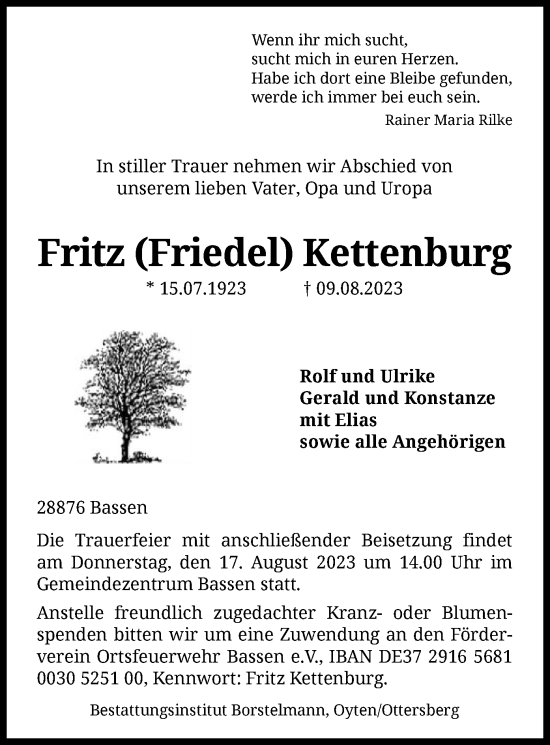 Traueranzeige von Fritz Kettenburg von SYK