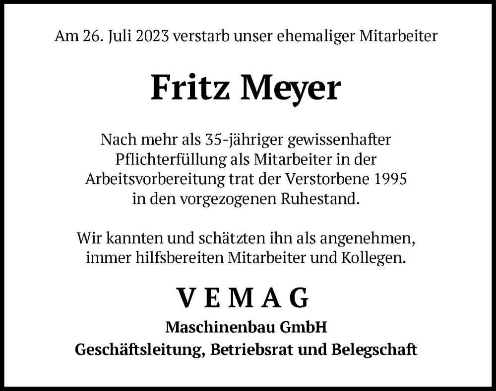  Traueranzeige für Fritz Meyer vom 16.08.2023 aus SYK