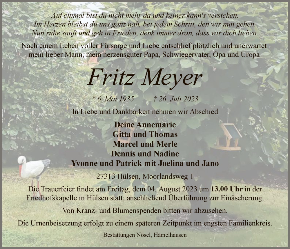  Traueranzeige für Fritz Meyer vom 01.08.2023 aus SYK