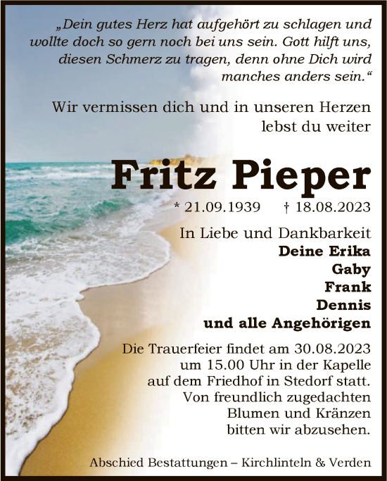 Traueranzeige von Fritz Pieper von SYK