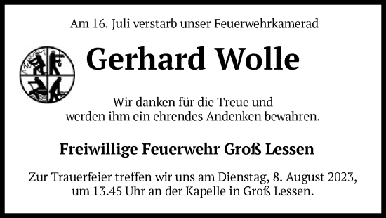 Traueranzeige von Gerhard Wolle von SYK