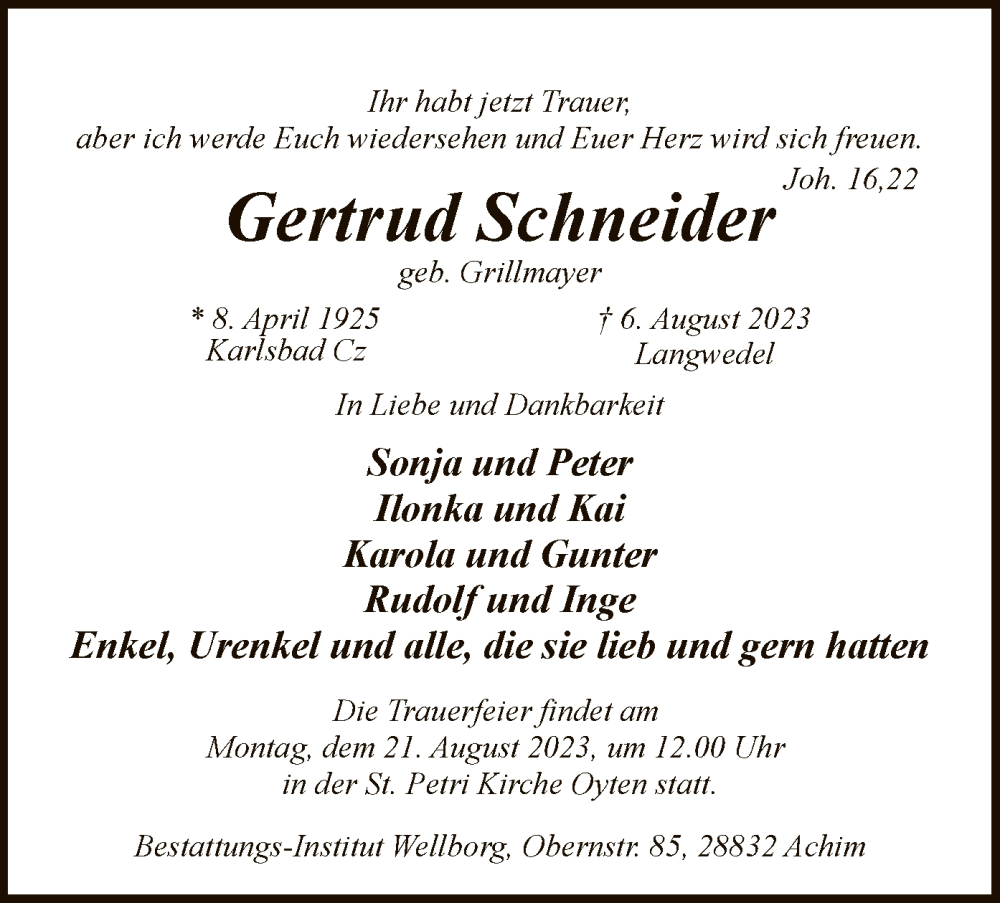 Traueranzeige für Gertrud Schneider vom 12.08.2023 aus SYK