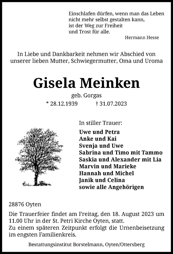 Traueranzeige von Gisela Meinken von SYK