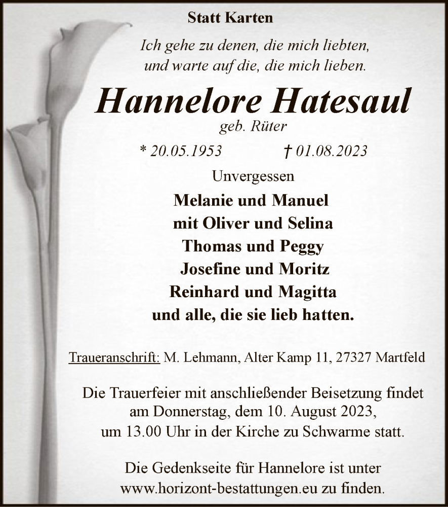  Traueranzeige für Hannelore Hatesaul vom 05.08.2023 aus SYK