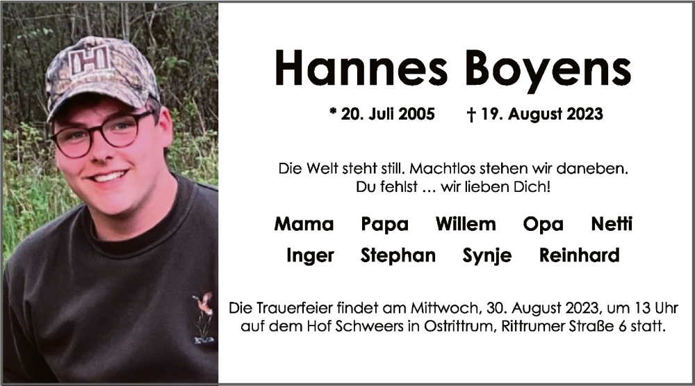  Traueranzeige für Hannes Boyens vom 26.08.2023 aus SYK