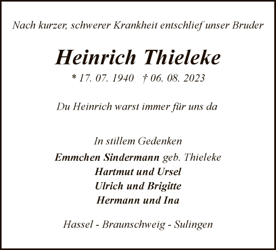 Traueranzeige von Heinrich Thieleke von SYK