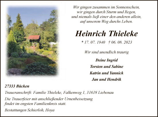 Traueranzeige von Heinrich Thieleke von SYK