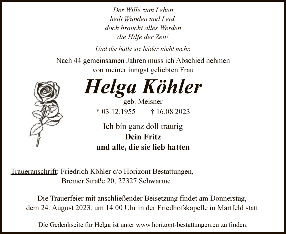  Traueranzeige für Helga Köhler vom 19.08.2023 aus SYK