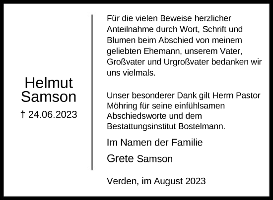 Traueranzeige von Helmut Samson von SYK