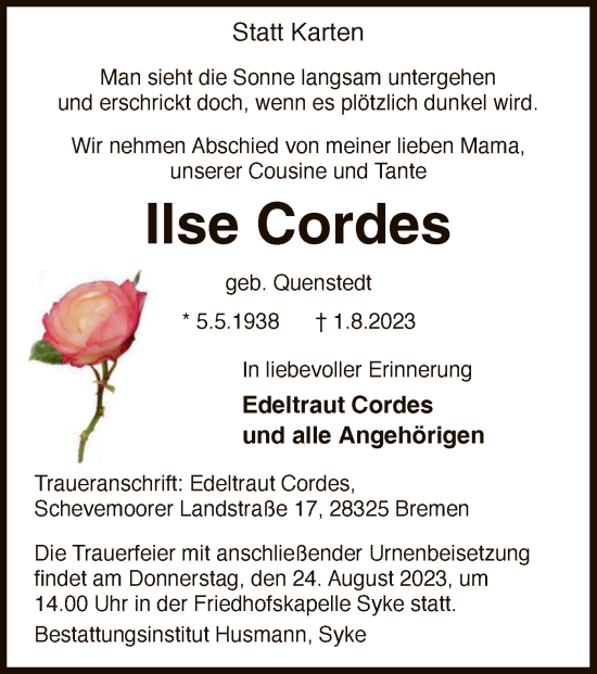 Traueranzeige von Ilse Cordes von SYK