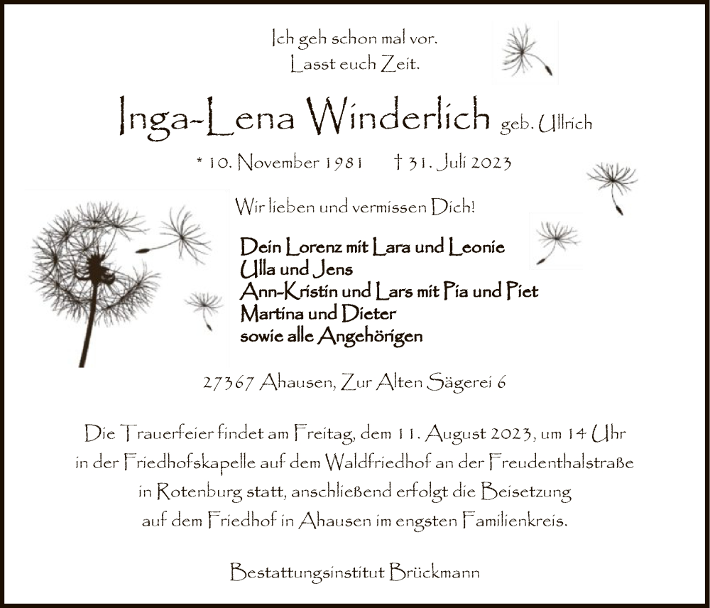  Traueranzeige für Inga-Lena Winderlich vom 04.08.2023 aus SYK