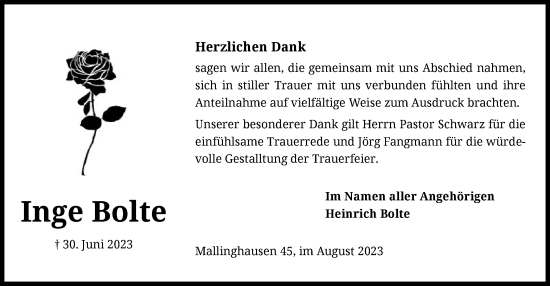 Traueranzeige von Inge Bolte von SYK