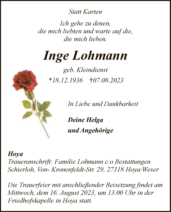 Traueranzeige von Inge Lohmann von SYK