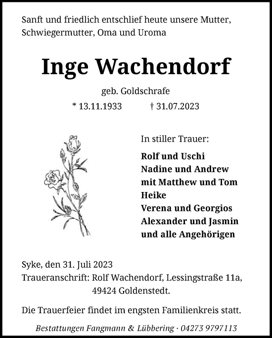 Traueranzeige von Inge Wachendorf von SYK