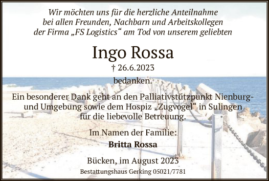 Traueranzeige von Ingo Rossa von SYK