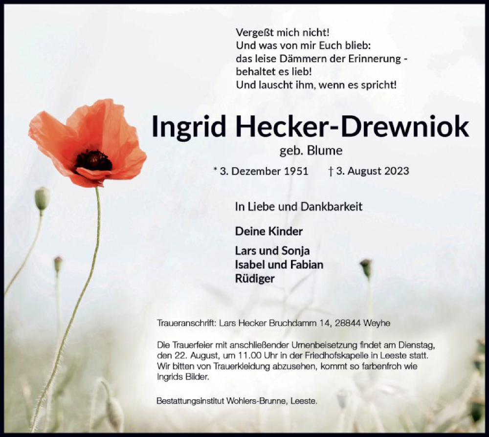  Traueranzeige für Ingrid Hecker-Drewniok vom 12.08.2023 aus SYK