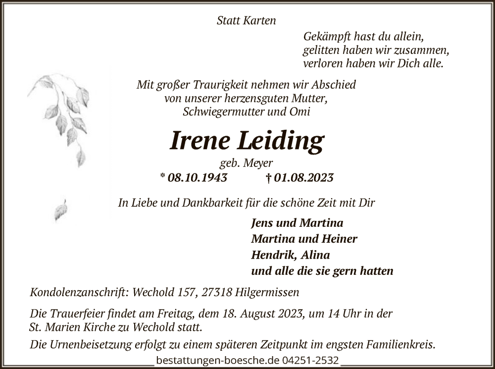  Traueranzeige für Irene Leiding vom 12.08.2023 aus SYK