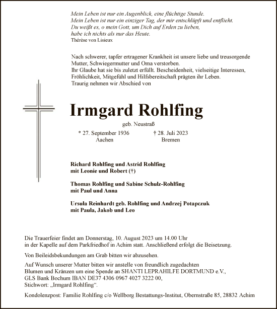 Traueranzeige von Irmgard Rohlfing von SYK