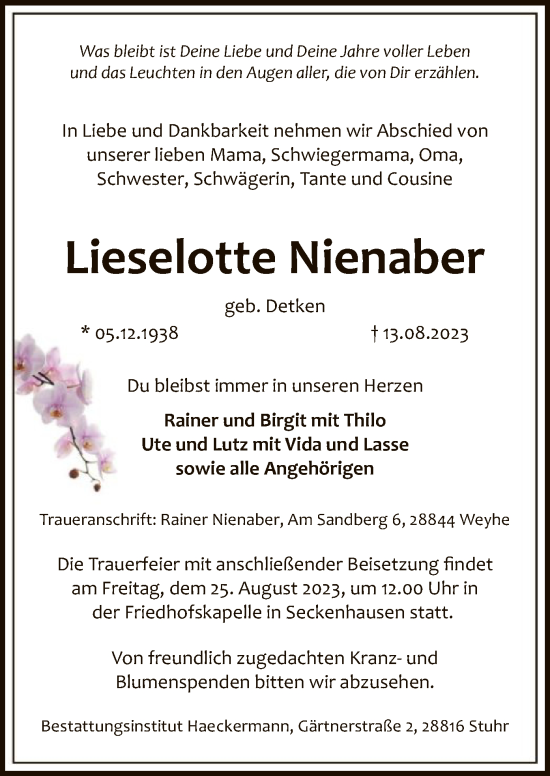 Traueranzeige von Lieselotte Nienaber von SYK