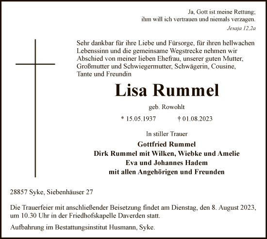 Traueranzeige von Lisa Rummel von SYK