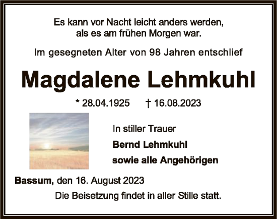 Traueranzeige von Magdalene Lehmkuhl von SYK