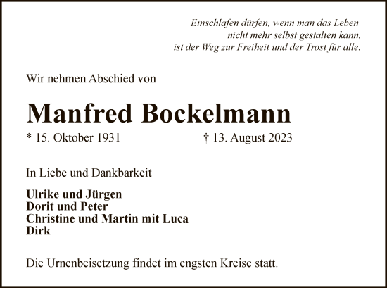 Traueranzeige von Manfred Bockelmann von SYK