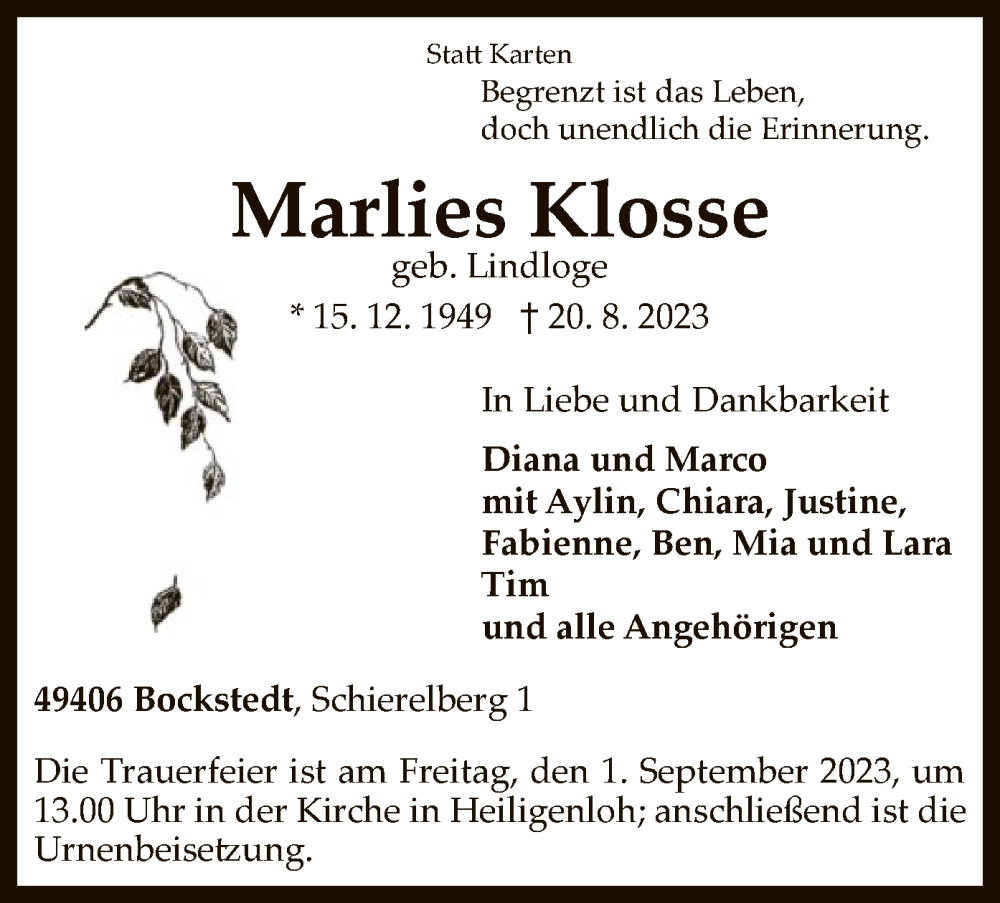  Traueranzeige für Marlies Klosse vom 29.08.2023 aus SYK