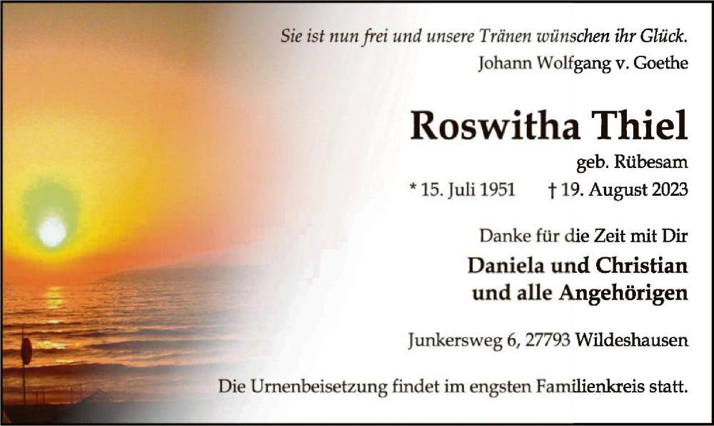  Traueranzeige für Roswitha Thiel vom 26.08.2023 aus SYK