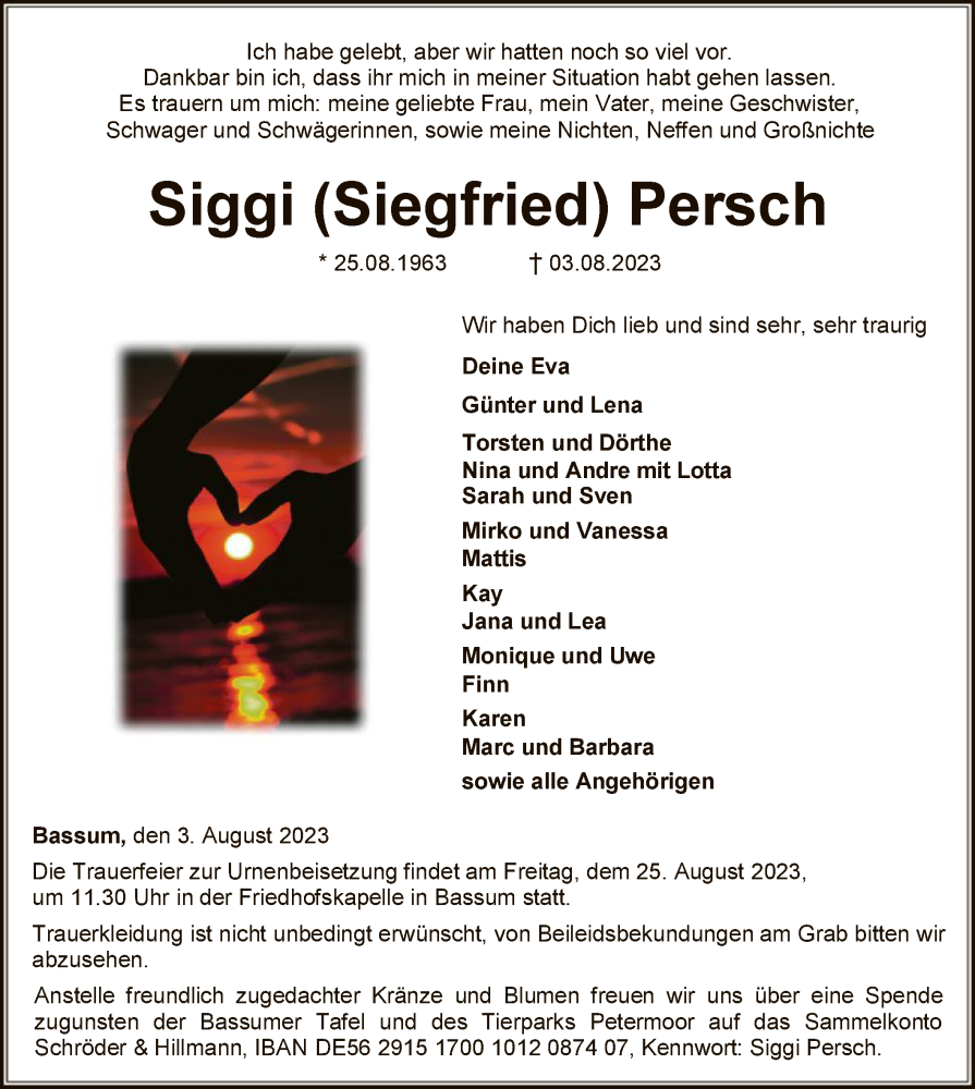  Traueranzeige für Siegfried Persch vom 12.08.2023 aus SYK