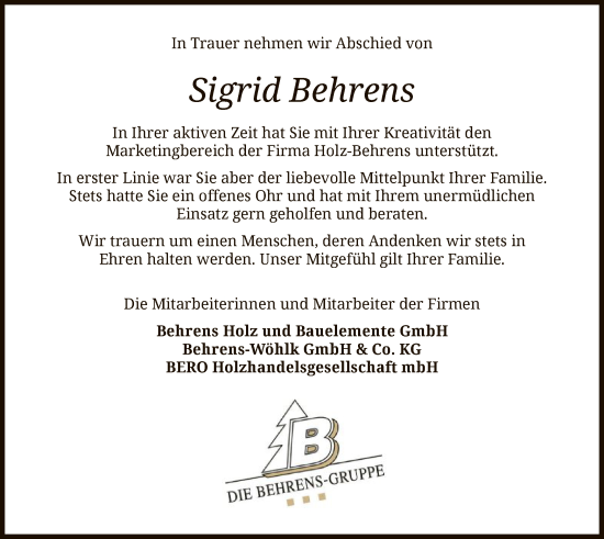 Traueranzeige von Sigrid Behrens von SYK