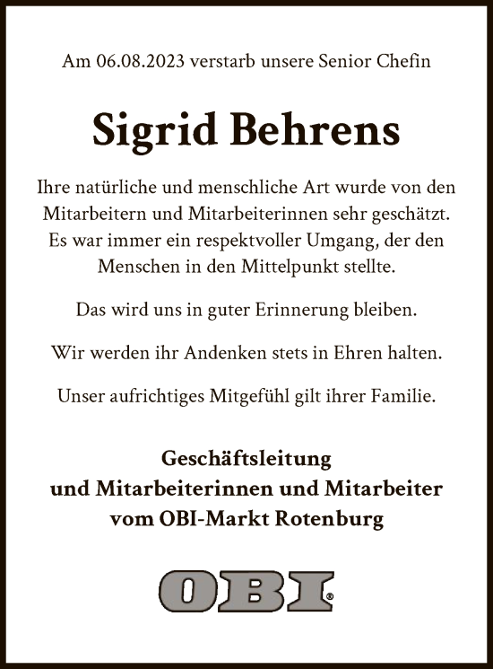 Traueranzeige von Sigrid Behrens von SYK