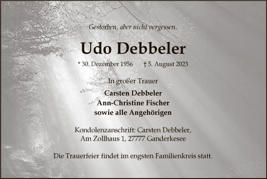 Traueranzeige von Udo Debbeler von SYK