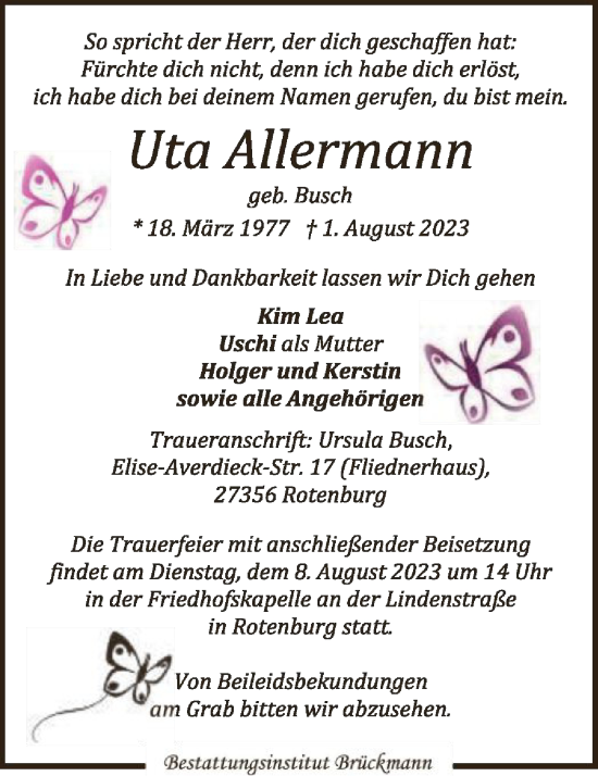 Traueranzeige von Uta Allermann von SYK