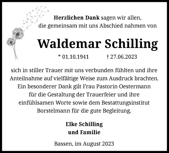 Traueranzeige von Waldemar Schilling von SYK