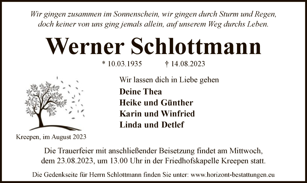  Traueranzeige für Werner Schlottmann vom 19.08.2023 aus SYK