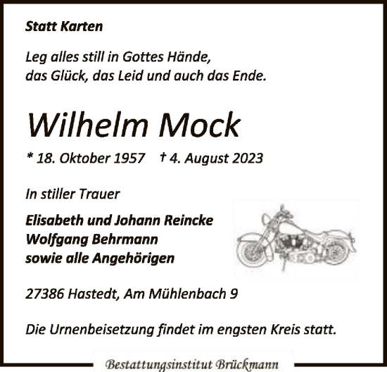 Traueranzeige von Wilhelm Mock von SYK