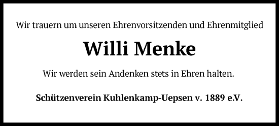 Traueranzeige von Willi  Menke von SYK