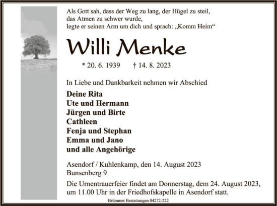 Traueranzeige von Willi  Menke von SYK