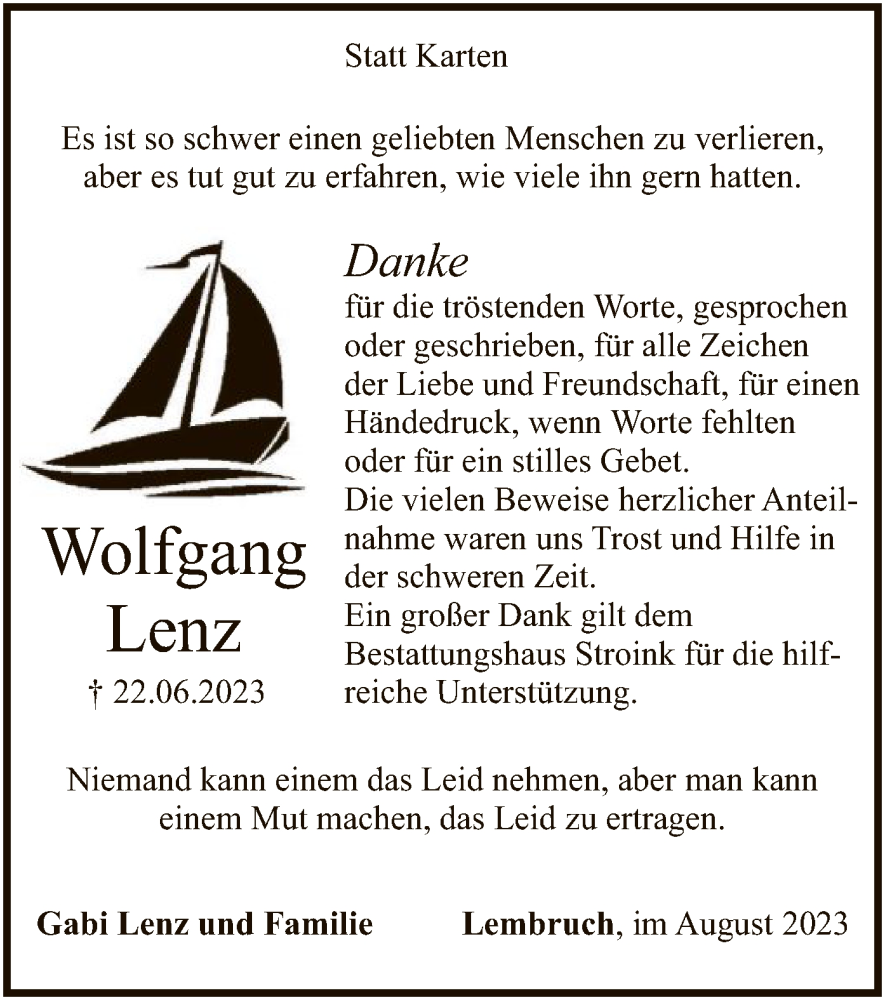  Traueranzeige für Wolfgang Lenz vom 26.08.2023 aus SYK