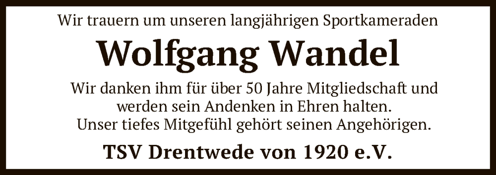  Traueranzeige für Wolfgang Wandel vom 16.08.2023 aus SYK