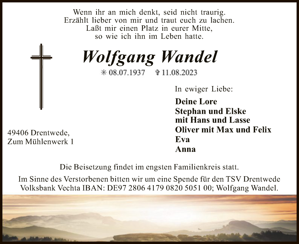  Traueranzeige für Wolfgang Wandel vom 15.08.2023 aus SYK