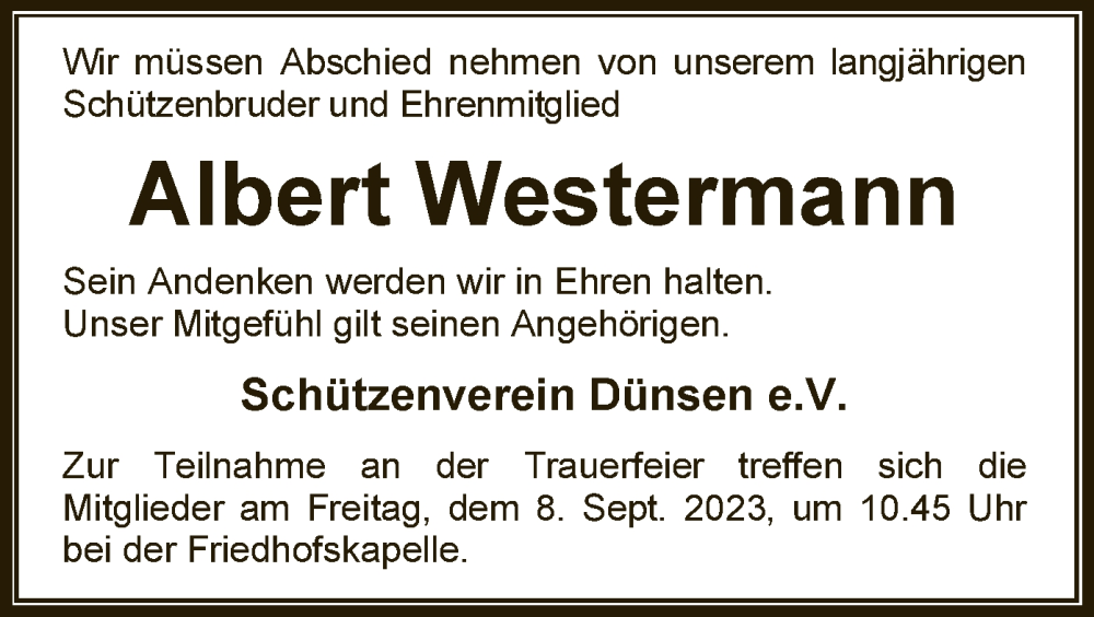  Traueranzeige für Albert Westermann vom 02.09.2023 aus SYKSYK