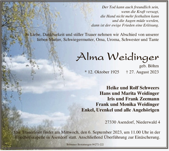 Traueranzeige von Alma Weidinger von SYK